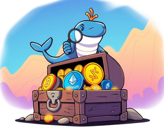 A cartoon crypto whale confidently managing massive leveraged positions in Bitcoin, Ethereum, and Solana.