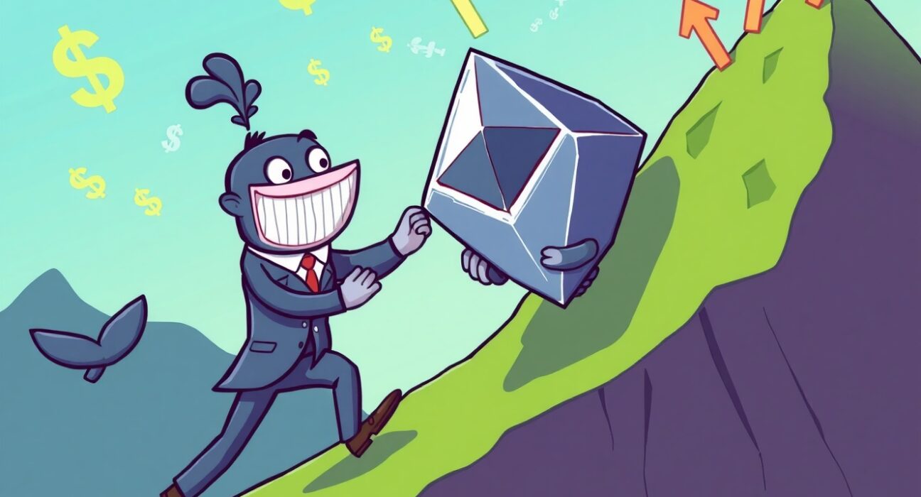 A cartoon whale confidently pushing a giant Ethereum diamond up a mountain, symbolizing a massive leveraged ETH long position.