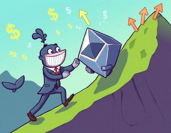 A cartoon whale confidently pushing a giant Ethereum diamond up a mountain, symbolizing a massive leveraged ETH long position.