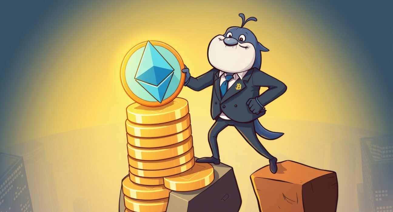 A bold Bitcoin OG whale confidently stacking a massive Ethereum long position in a high-stakes cartoon scene.