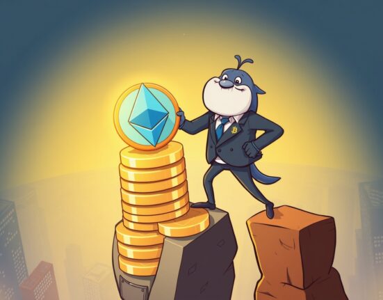 A bold Bitcoin OG whale confidently stacking a massive Ethereum long position in a high-stakes cartoon scene.