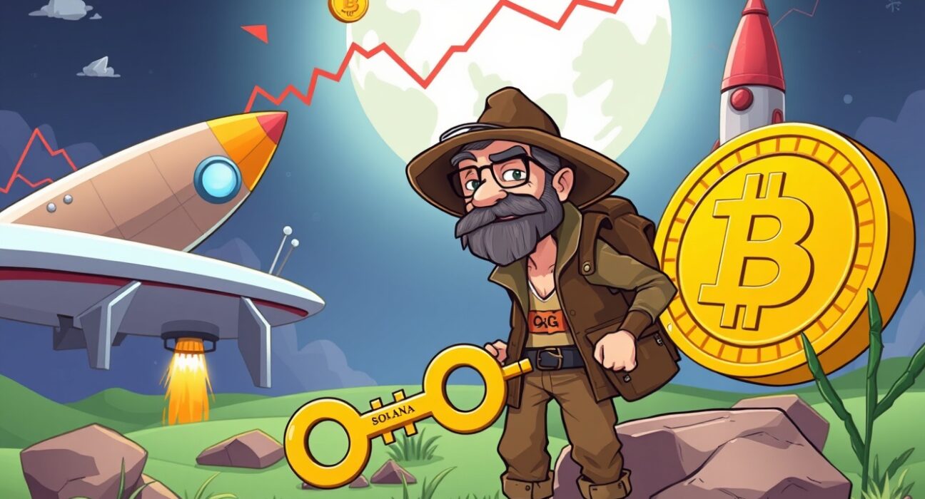 A Bitcoin OG treasure hunter confidently navigating between Bitcoin and Solana in a vibrant digital landscape