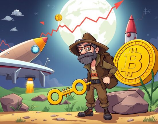 A Bitcoin OG treasure hunter confidently navigating between Bitcoin and Solana in a vibrant digital landscape