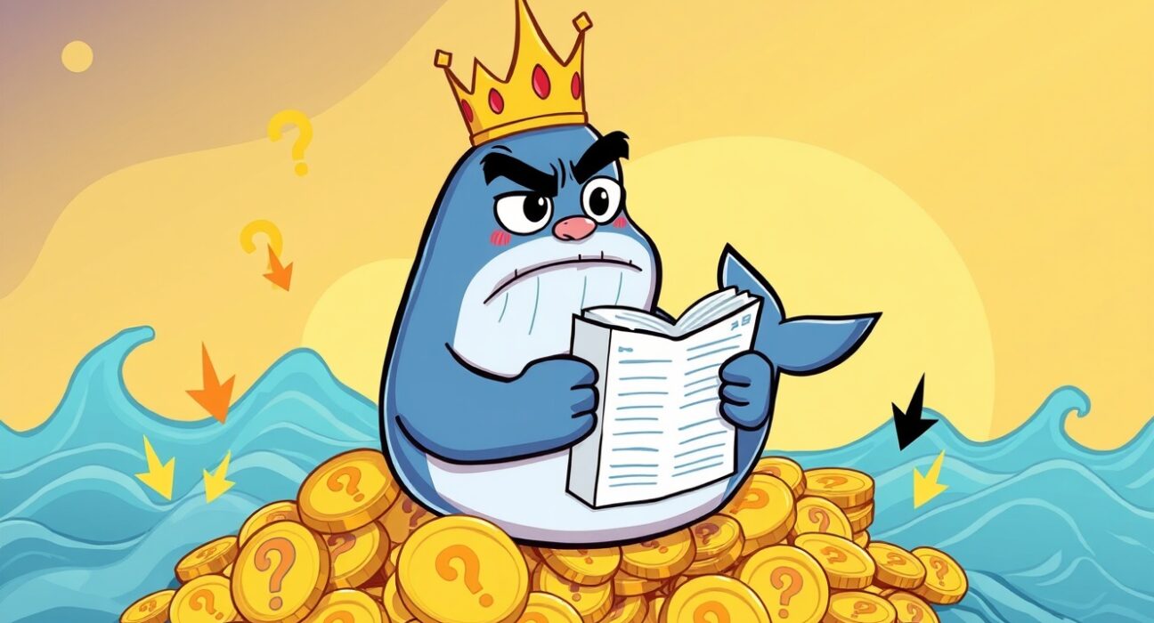 A cartoon crypto whale facing massive losses on its long positions in a turbulent market.