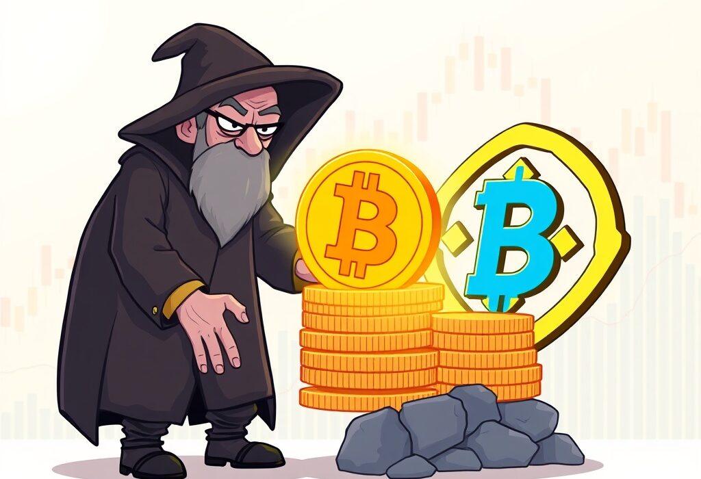 Cartoon illustration of a large Bitcoin OG making significant Bitcoin OG deposits to Binance, influencing market sentiment.
