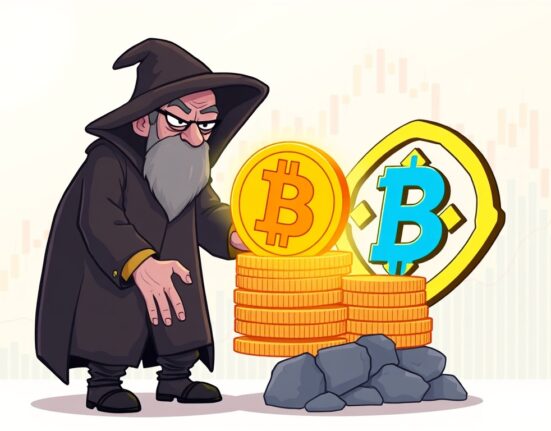Cartoon illustration of a large Bitcoin OG making significant Bitcoin OG deposits to Binance, influencing market sentiment.