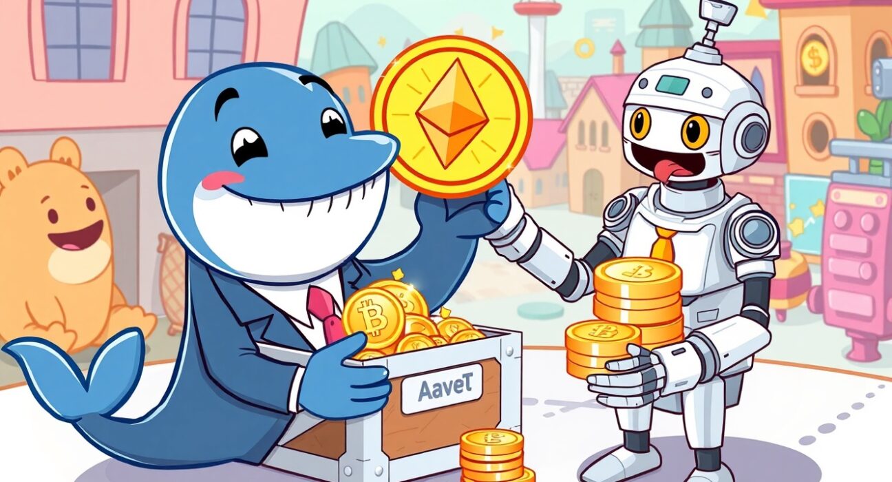 Cartoon illustration of strategic ETH accumulation through DeFi lending, showing a whale securing assets.