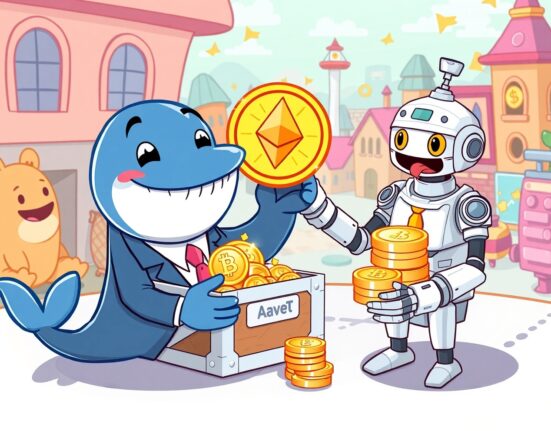 Cartoon illustration of strategic ETH accumulation through DeFi lending, showing a whale securing assets.