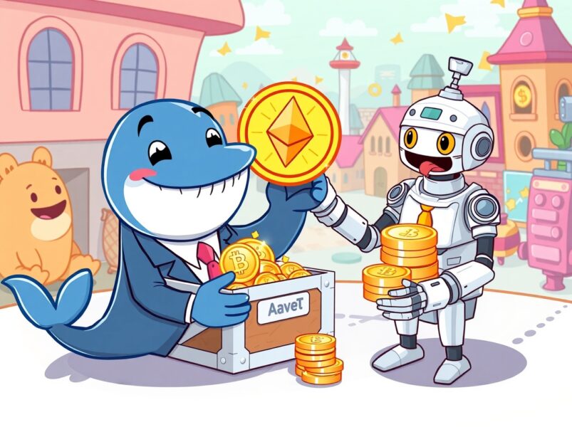 Cartoon illustration of strategic ETH accumulation through DeFi lending, showing a whale securing assets.