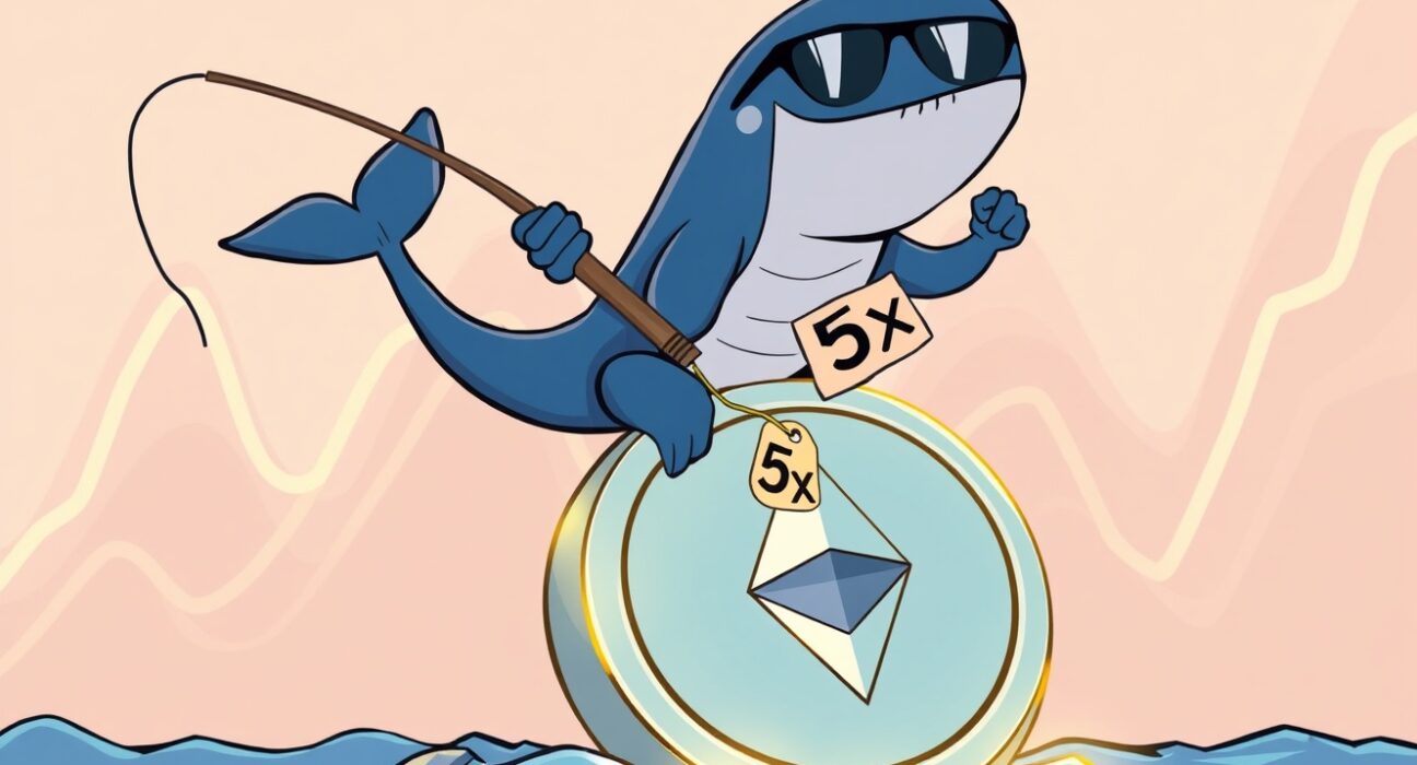A confident cartoon whale making a bold ETH long position investment on a vibrant market chart.