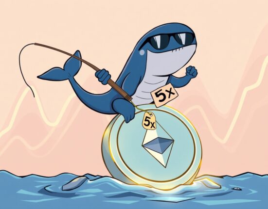 A confident cartoon whale making a bold ETH long position investment on a vibrant market chart.