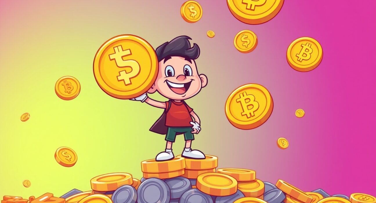 Bitcoin OG character celebrating massive cryptocurrency trading success with golden coins