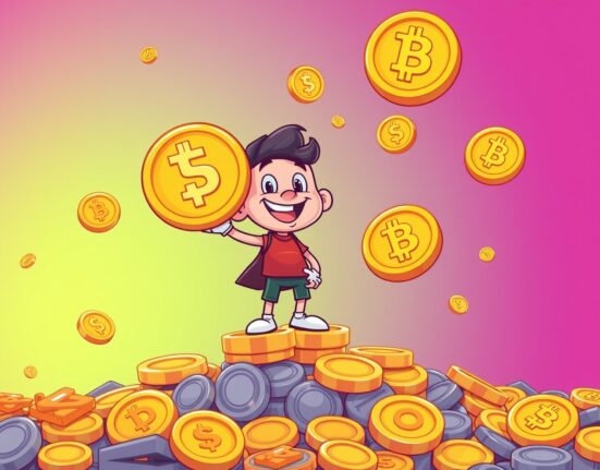 Bitcoin OG character celebrating massive cryptocurrency trading success with golden coins