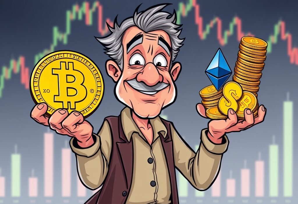 Cartoon illustration of a Bitcoin OG making strategic Bitcoin OG ETH purchases, moving value between cryptocurrencies.