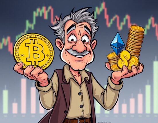 Cartoon illustration of a Bitcoin OG making strategic Bitcoin OG ETH purchases, moving value between cryptocurrencies.