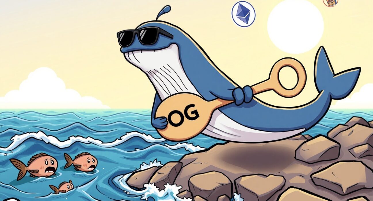 A resilient Bitcoin OG cartoon whale confidently holding its ground in volatile cryptocurrency markets.