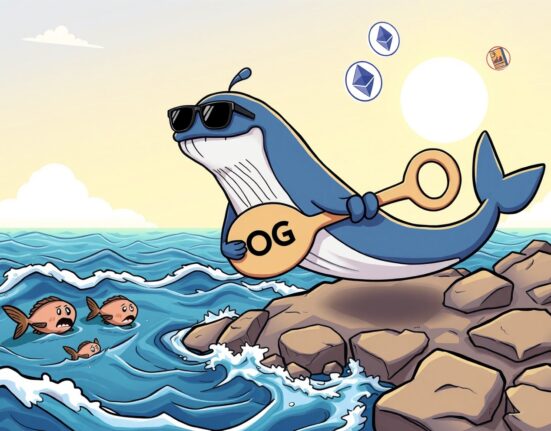 A resilient Bitcoin OG cartoon whale confidently holding its ground in volatile cryptocurrency markets.