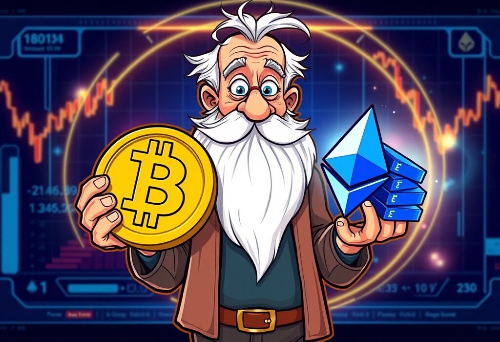 Cartoon of a Bitcoin OG executing a strategic Bitcoin OG ETH swap, highlighting the shift in crypto asset allocation.