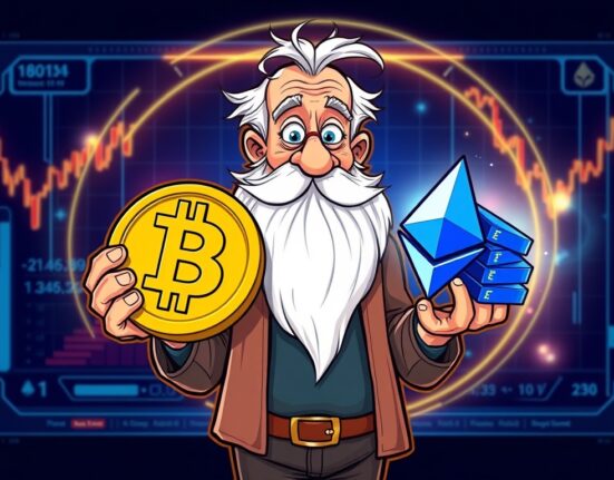 Cartoon of a Bitcoin OG executing a strategic Bitcoin OG ETH swap, highlighting the shift in crypto asset allocation.