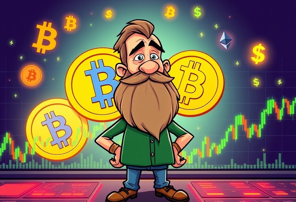 A cartoon Bitcoin OG making a strategic trade on a digital platform, converting Bitcoin to Ethereum, illustrating a profitable market move.