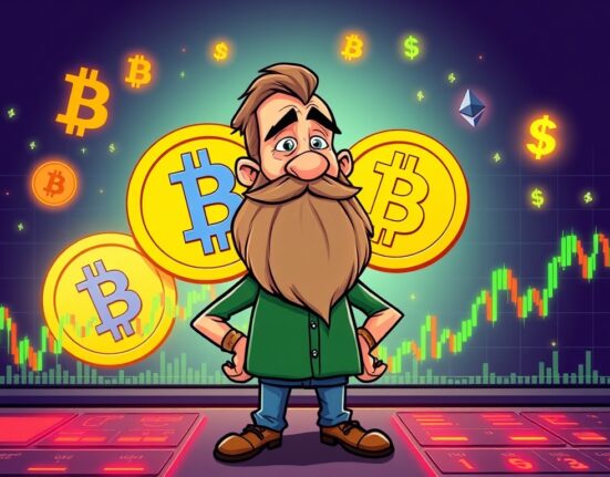 A cartoon Bitcoin OG making a strategic trade on a digital platform, converting Bitcoin to Ethereum, illustrating a profitable market move.