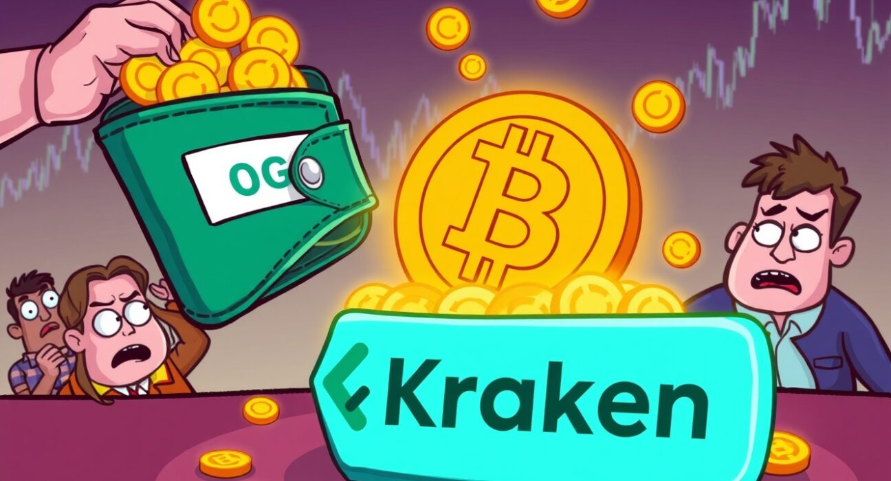 A cartoon Bitcoin OG wallet depositing large amounts of BTC to Kraken, highlighting potential market shifts.