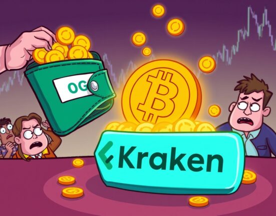 A cartoon Bitcoin OG wallet depositing large amounts of BTC to Kraken, highlighting potential market shifts.