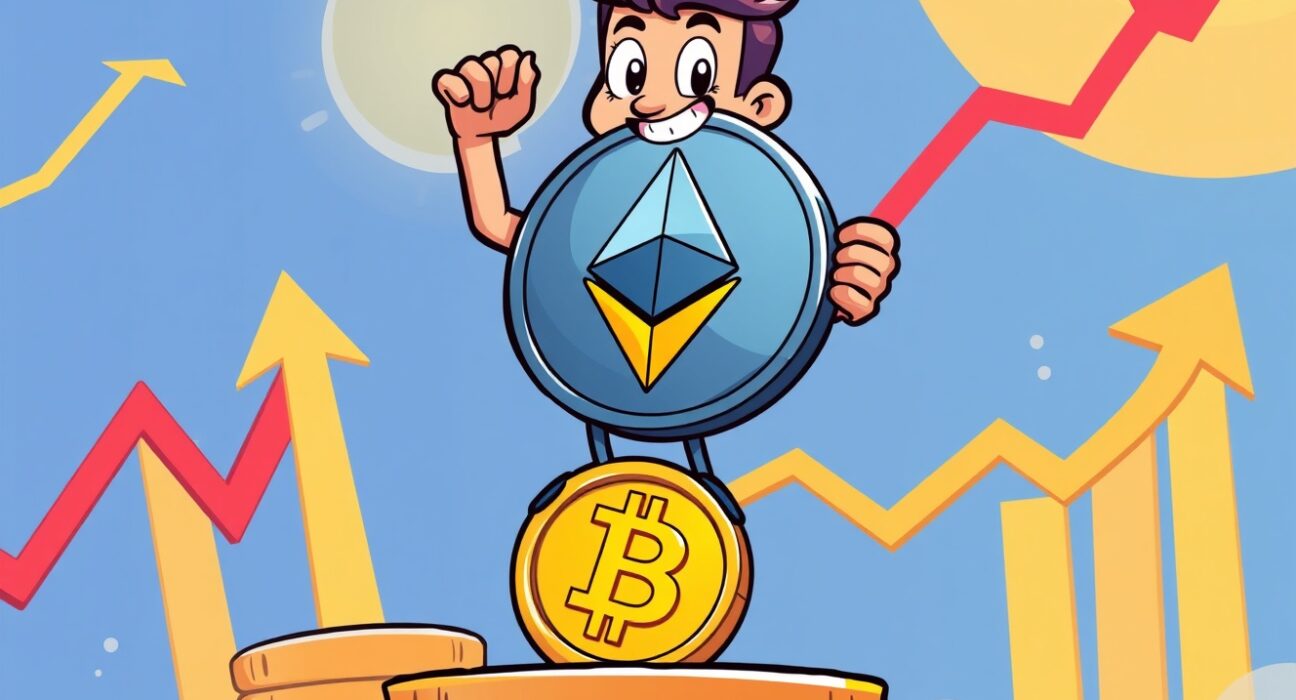 Bitcoin OG confidently holding giant Ethereum coin in leveraged ETH long position strategy illustration