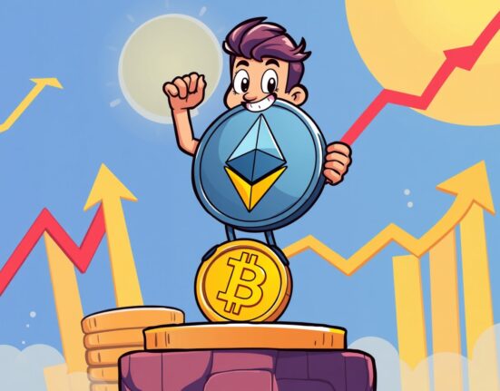 Bitcoin OG confidently holding giant Ethereum coin in leveraged ETH long position strategy illustration