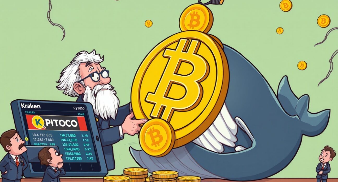A cartoon illustration of a wise Bitcoin OG depositing coins to Kraken, symbolizing major crypto market shifts.