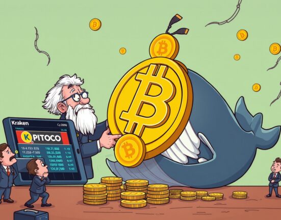 A cartoon illustration of a wise Bitcoin OG depositing coins to Kraken, symbolizing major crypto market shifts.