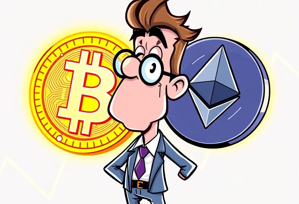 Cartoon showing a Bitcoin OG investor strategically moving significant assets from Bitcoin to Ethereum, signaling a major crypto market shift.