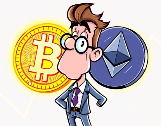 Cartoon showing a Bitcoin OG investor strategically moving significant assets from Bitcoin to Ethereum, signaling a major crypto market shift.