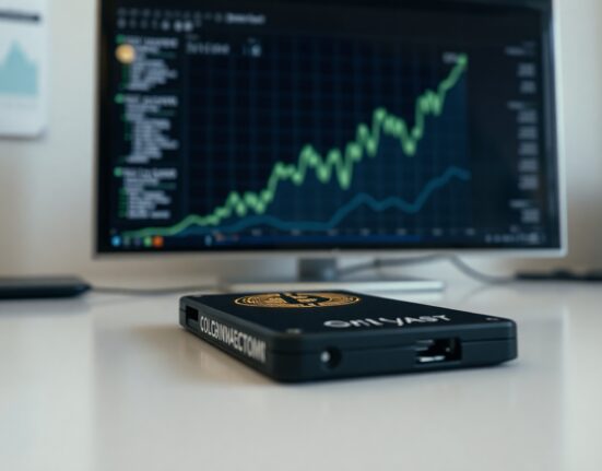 Bitcoin hardware wallet with on-chain activity graph in background