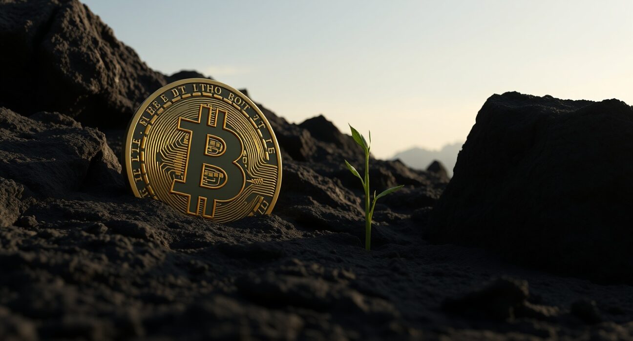 Bitcoin coin emerging from rocky ground with a green shoot, representing a market bottom signal.