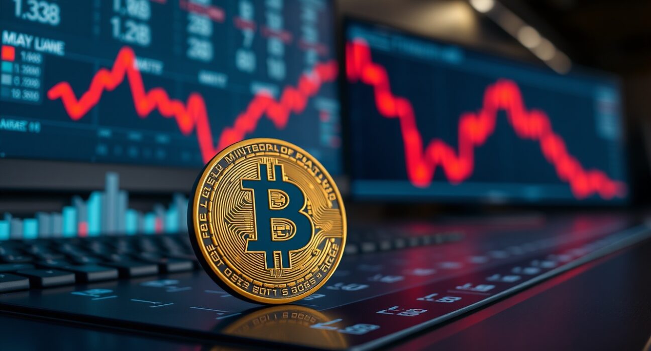 Bitcoin coin in front of a downward-trending demand chart in a professional trading environment