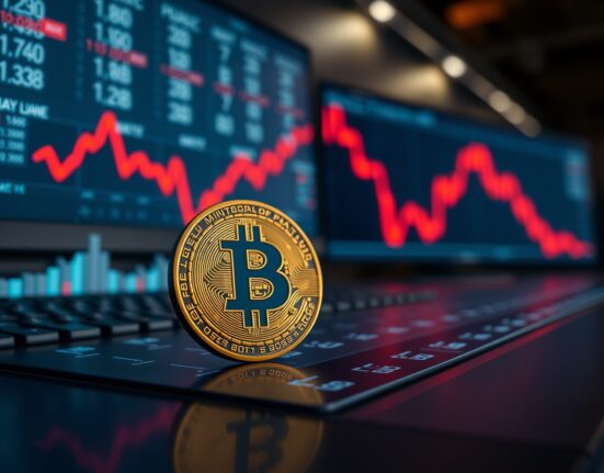 Bitcoin coin in front of a downward-trending demand chart in a professional trading environment