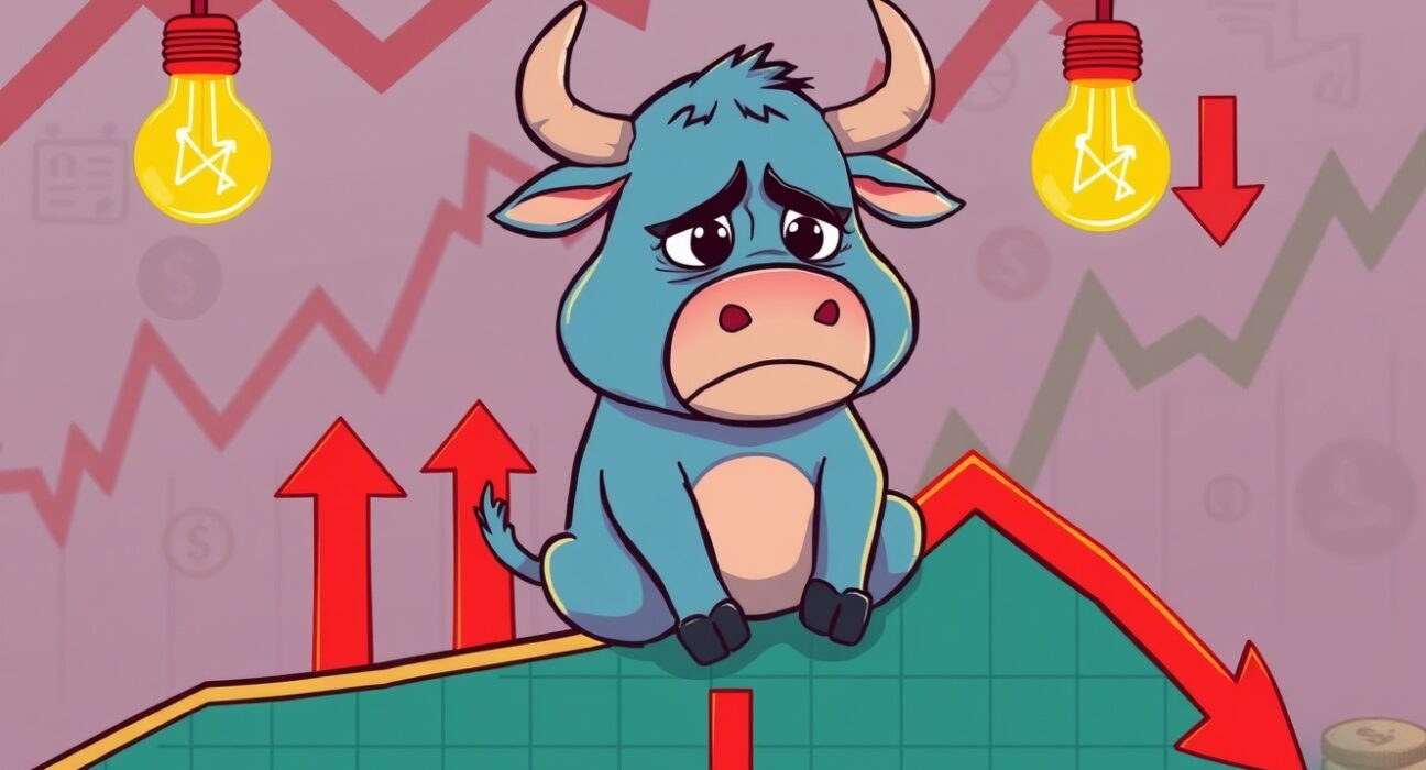 A cartoon illustration showing Bitcoin on-chain indicators pointing downwards, despite a small price increase, conveying bearish sentiment.