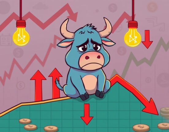 A cartoon bull looking worried as Bitcoin on-chain indicators show bearish signals on a downward graph.
