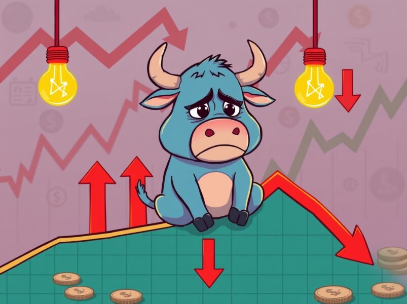 A cartoon bull looking worried as Bitcoin on-chain indicators show bearish signals on a downward graph.