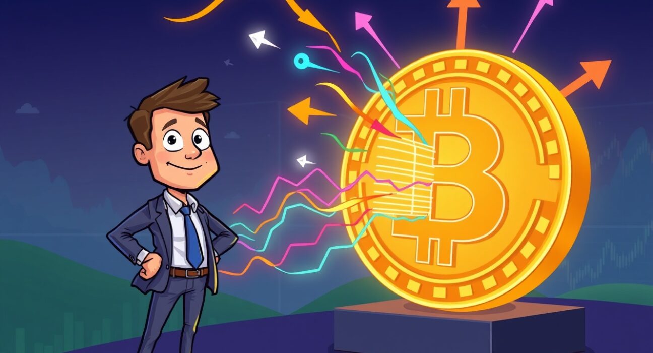 Cartoon illustration showing a confident analyst observing significant Bitcoin on-chain inflows, indicating a powerful bullish market sentiment.