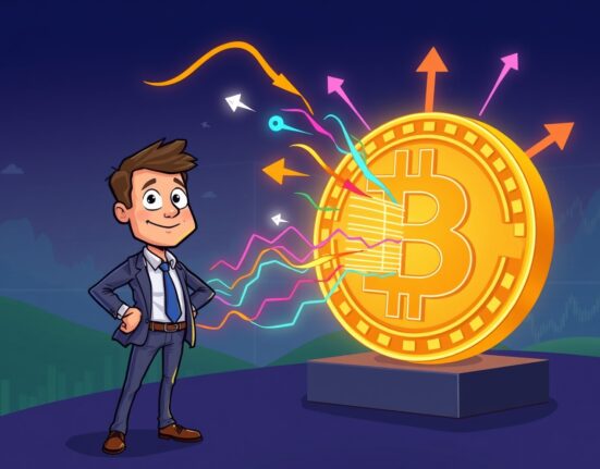 Cartoon illustration showing a confident analyst observing significant Bitcoin on-chain inflows, indicating a powerful bullish market sentiment.