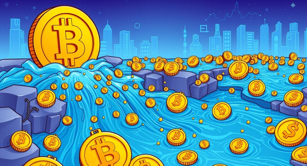 A cartoon illustration showing a huge surge of Bitcoin on-chain inflows, representing the massive capital entering the BTC market.