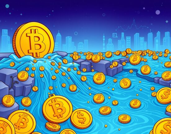 A cartoon illustration showing a huge surge of Bitcoin on-chain inflows, representing the massive capital entering the BTC market.