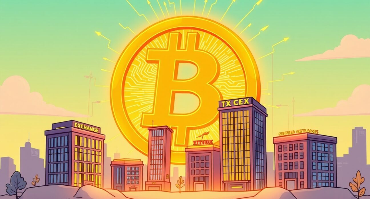 A cartoon illustration showing a large Bitcoin on-chain volume dominating over smaller, less active centralized exchanges, highlighting the current liquidity crunch.