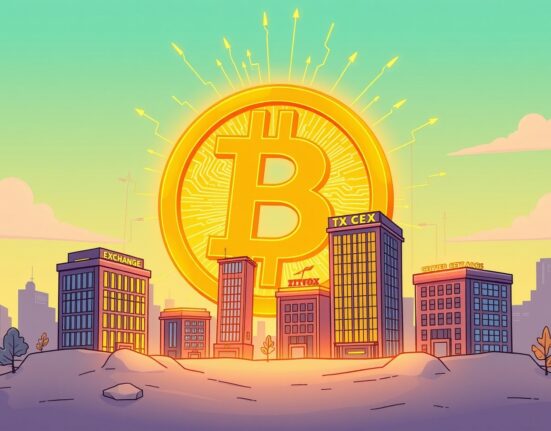 A cartoon illustration showing a large Bitcoin on-chain volume dominating over smaller, less active centralized exchanges, highlighting the current liquidity crunch.