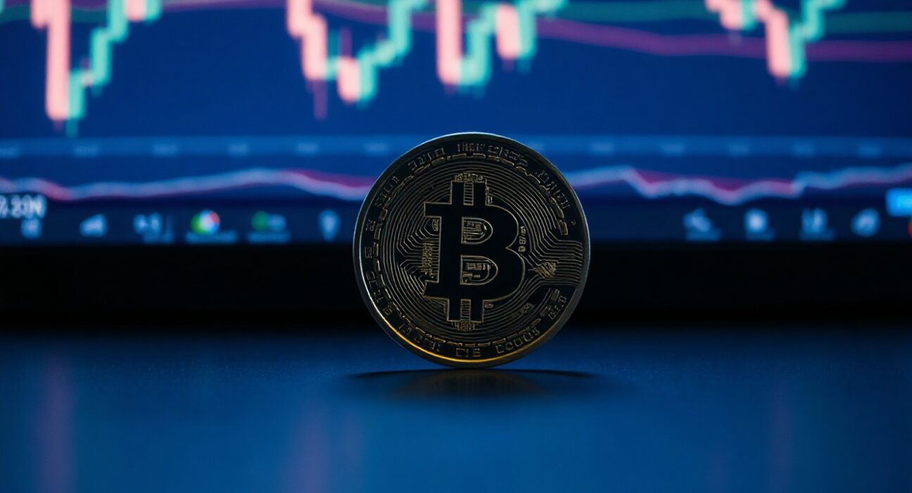 Bitcoin coin with blurred financial charts in background, symbolizing market analysis and on-chain data.