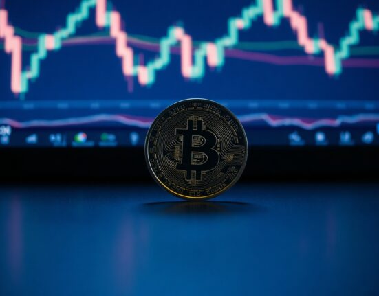 Bitcoin coin with blurred financial charts in background, symbolizing market analysis and on-chain data.