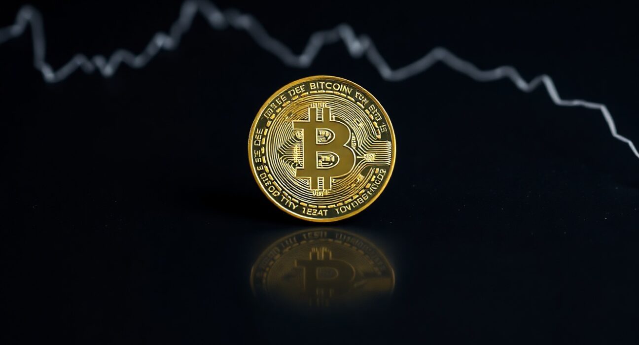 Bitcoin coin with a downward trend line in the background, representing a bear market.