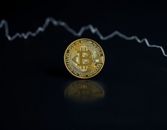 Bitcoin coin with a downward trend line in the background, representing a bear market.